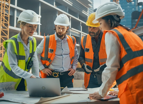 Construction workers reviewing plans together on site.